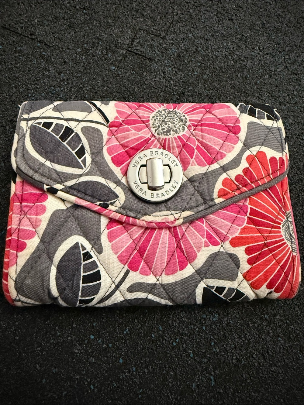 Vera Bradley Pink Red Gray Floral Quilted Fold Wallet